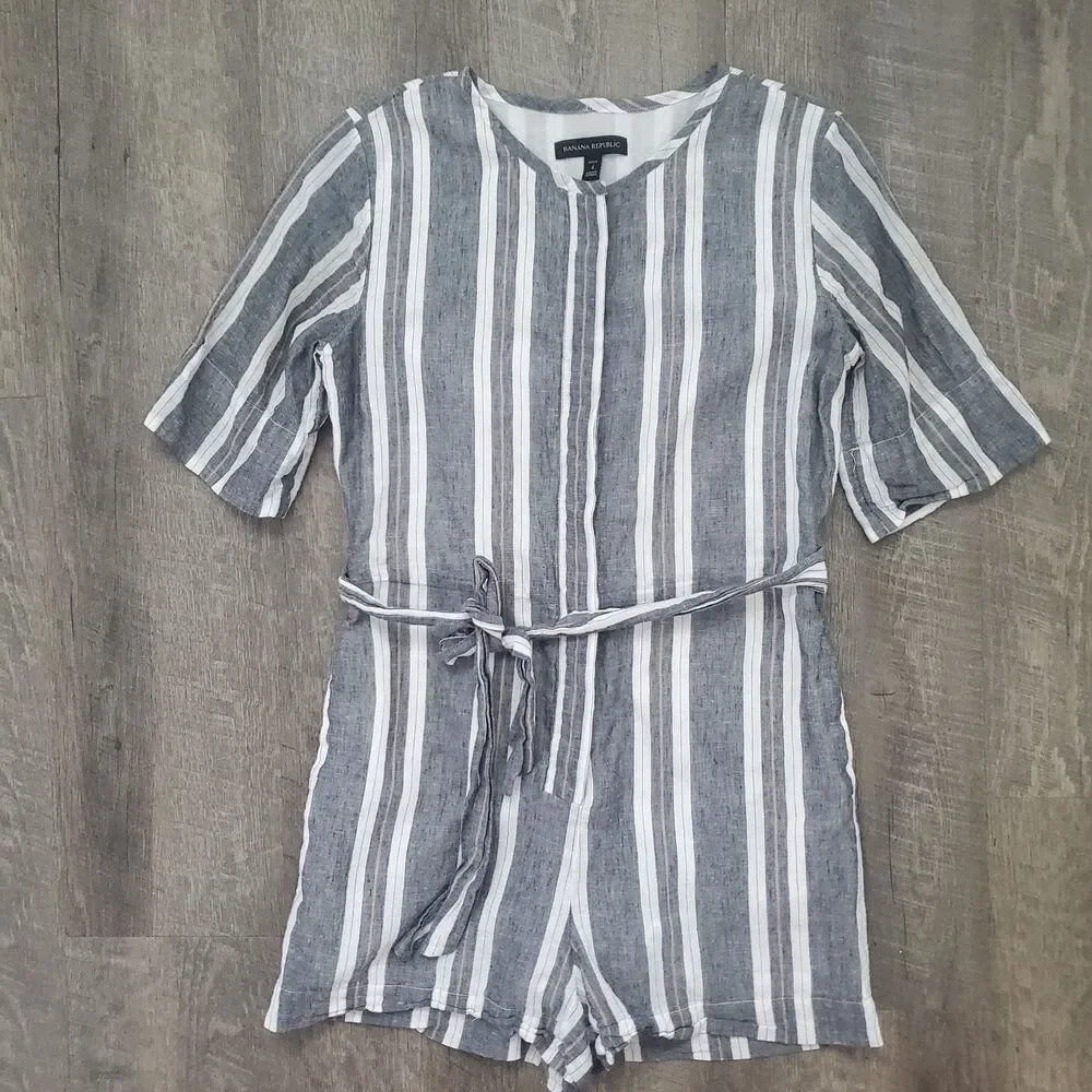 Banana Republic Women's Romper Size 4 Petite Striped Cotton Linen Tie Pockets